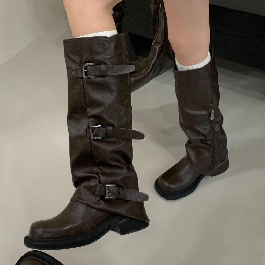 Eilyken Winter Vintage Round Toe Square Heels Women Knee High Boots Designer Narrow Band Belt Buckle Comfortable Shoes