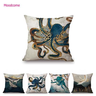 Navy Blue Metallic Octopus Bird Modern Art Cotton Linen Sofa Throw Pillow Case Home Decorative Marine Animal Cushion Cover