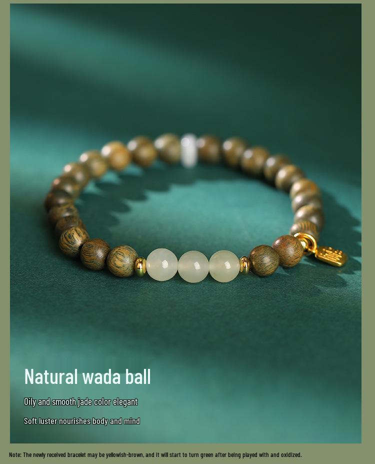 Tan Wangqing Natural Green Sandalwood & Hetian Jade Silver Bracelet - New Chinese Ancient Style Gift for Women