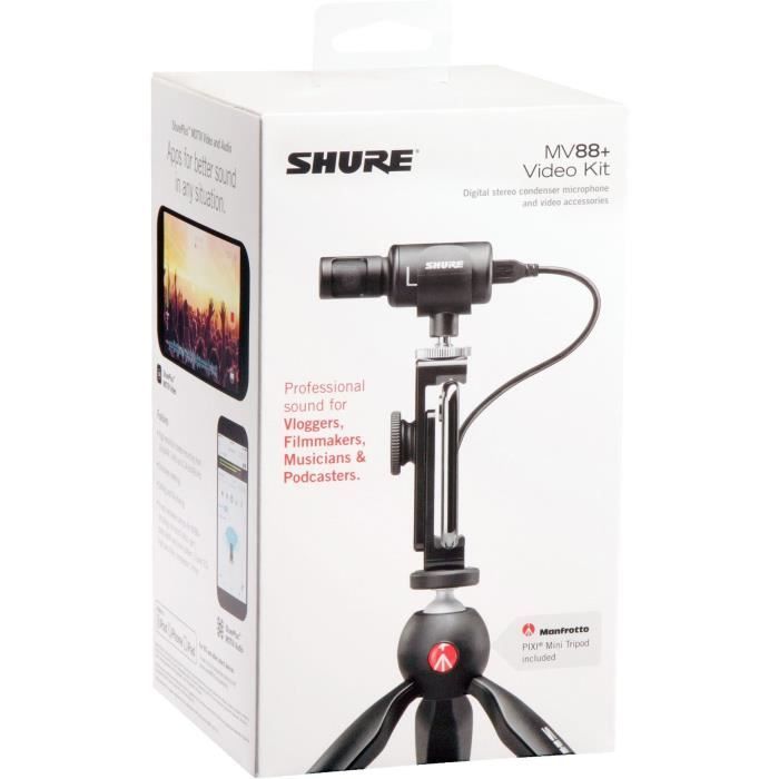 Shure mv88+dig-vidkit - streaming - microphone numérique stéréo à condensateur pour apple et android
