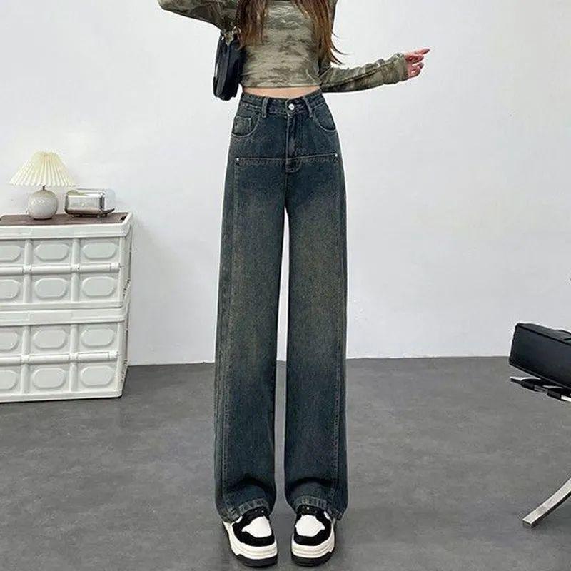 Trendy 2025 Women s High Waist Cement Grey Wide-Leg Patchwork Jeans XL