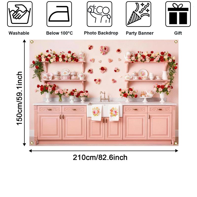 LS Romance Valentine's Day Kitchen Background Photography Pink Cabinet Floral Heart Backdrop Girl's Birthday Party Photo Studio