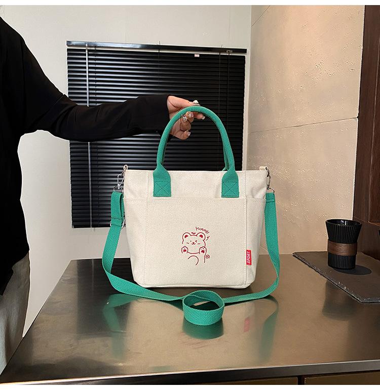 Korean Contrasting Color Portable Canvas Bag Women's 2025 New Casual Messenger Bag Popular Literature Cute Commuter Bag