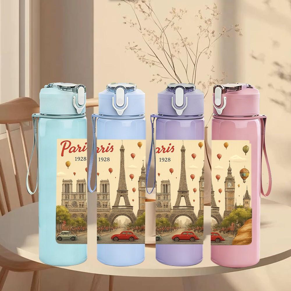 1PC Paris Eiffel Tower Retro Card 750ml Color Plastic Sports Water Bottle Leakproof Flip Straw Lid For Sports Office Home Use