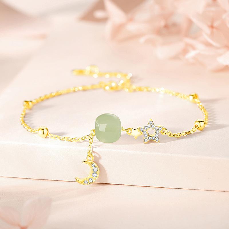 S925 Sterling Silver Star Moon Hotan Jade Bracelet Female New Chinese 14K Gold Luxury Hand String Autumn New Original