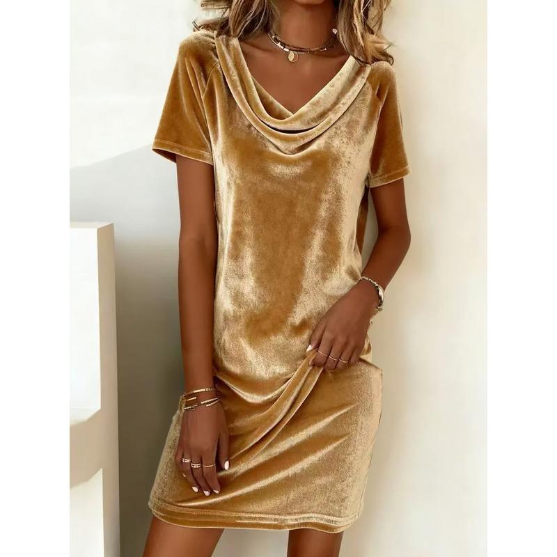 New Fashion Women s Dress - Plain-color Halter-neck Short-sleeve Sexy Velvet Skirt S золотой