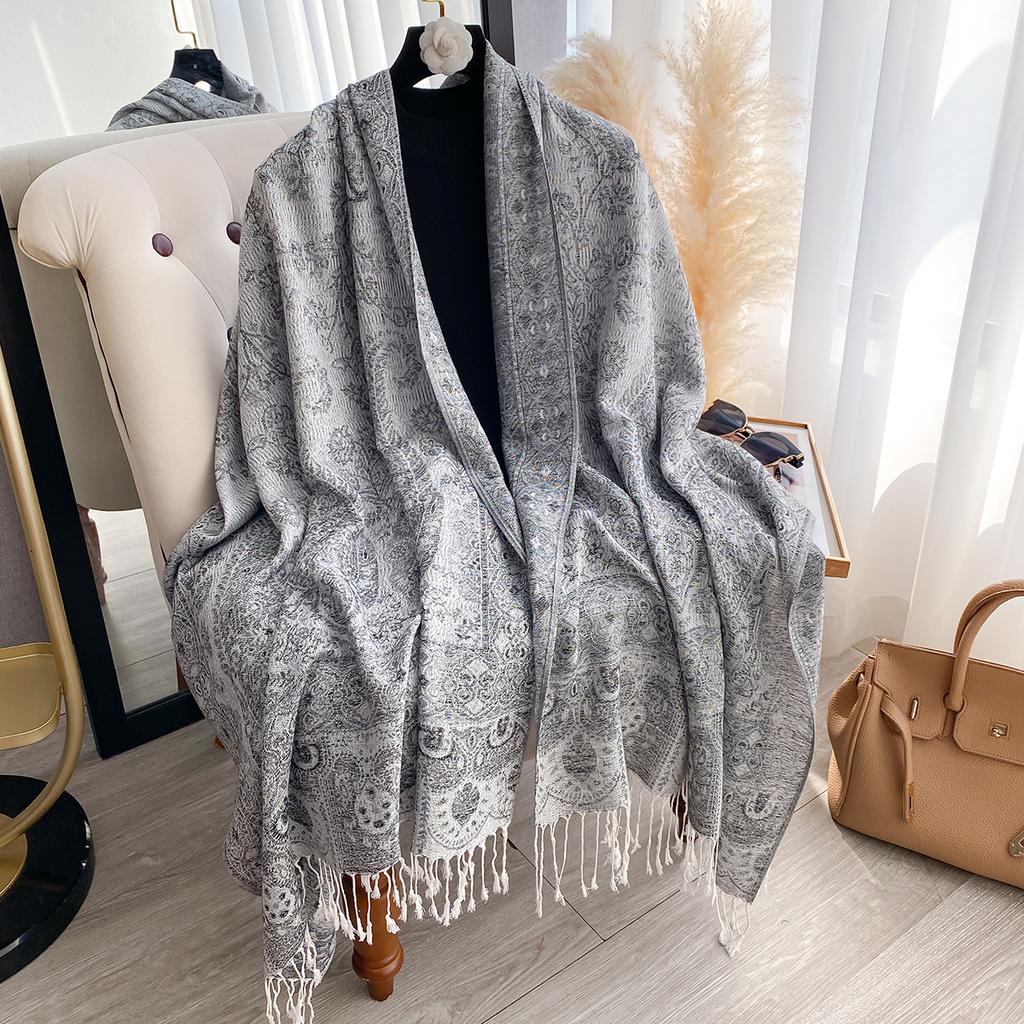 Fashion Winter Cashmere Shawl For Women - Tasseled Vintage Floral Printed Oil Painting Style Pashmina Thick Scarf