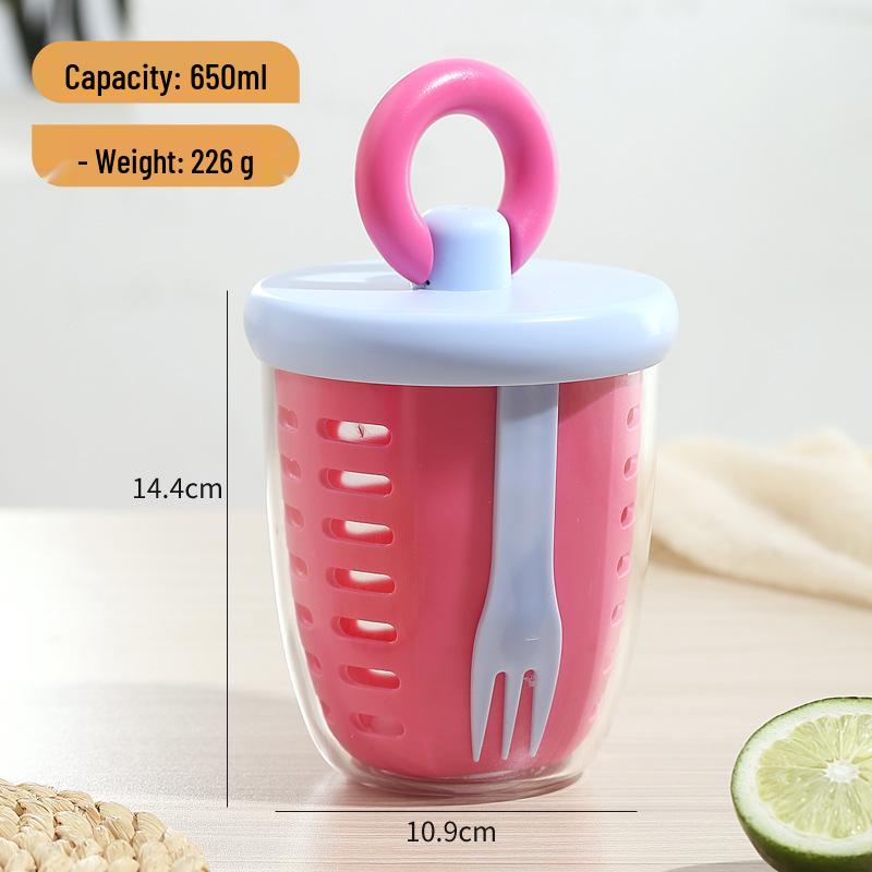 Portable Fruit and Salad Cup with Fork and Spoon - Leak-Proof, Double-Layer Design for Office or Picnic.