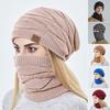 2Pcs/Set Adults Neck Warmer Hat Solid Color Thickened Stretchy Thermal Windproof Keep Warm Super Soft Autumn Winter Men Women Woolen Yarn Scarf Hat