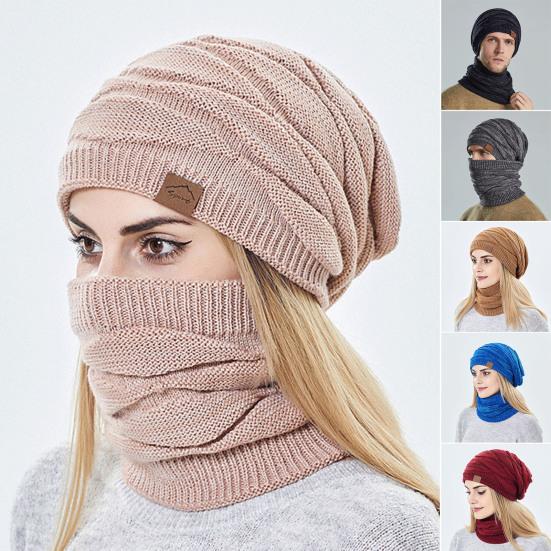 2Pcs/Set Adults Neck Warmer Hat Solid Color Thickened Stretchy Thermal Windproof Keep Warm Super Soft Autumn Winter Men Women Woolen Yarn Scarf Hat
