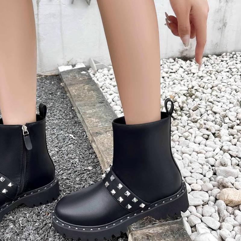 Fashion 2025 Autumn/Winter New Rivet Side Zipper Short Boots for Women Black Leather Thick Bottom Thick Heel Elegant Boots for Women