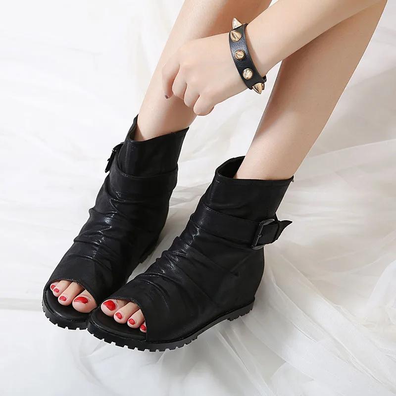 Sandały rzymskie damskie na koturnie wiosenna moda nowe buty na średnim obcasie typu ryba usta klamra paska fajne buty