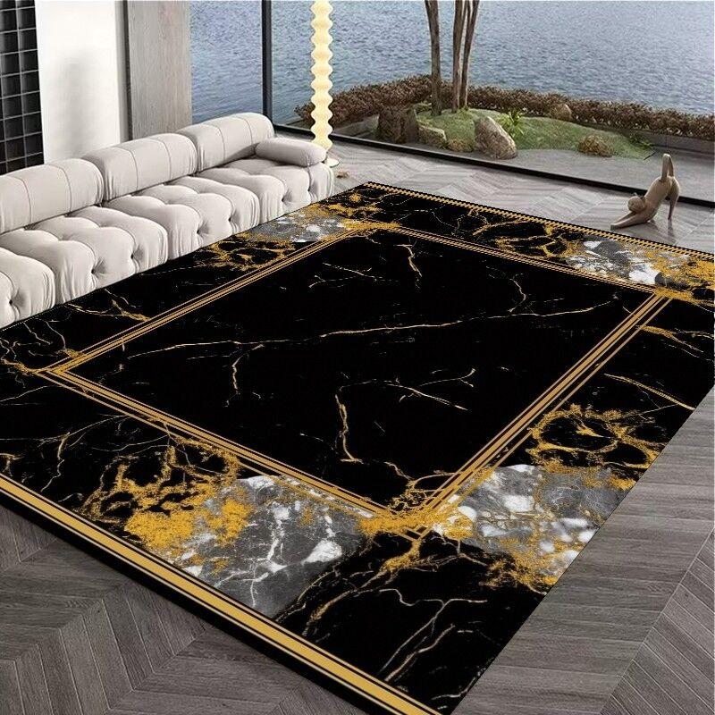 Alfombra Decorativa de Sofá para Interiores y Exteriores de Lujo Negra Incrustada con Oro Alfombra de Área para Mesas de Café Alfombrilla Suave Antideslizante para Niños