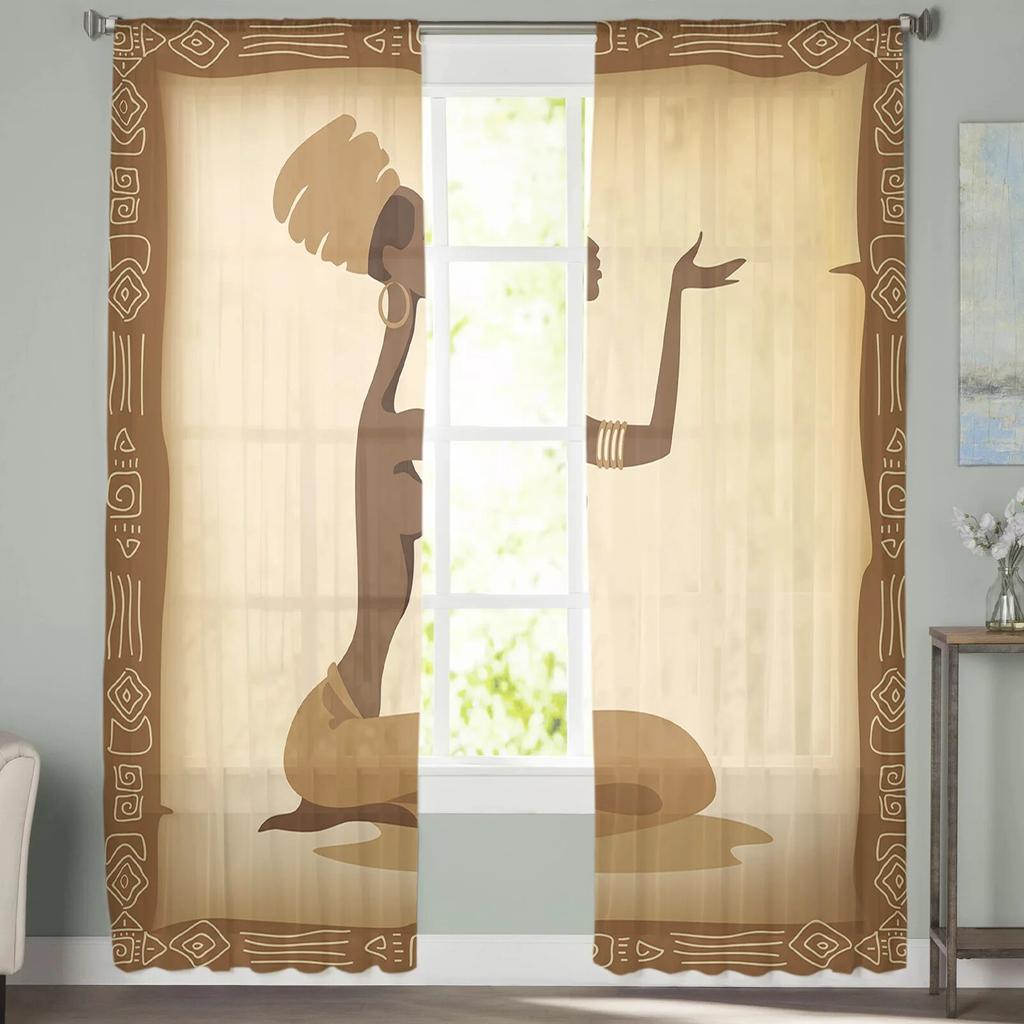 Khaki Woman Praying Turban Totem Bedroom Transparent Sheer Curtains Holiday Decoration Window Voile Tulle Curtain