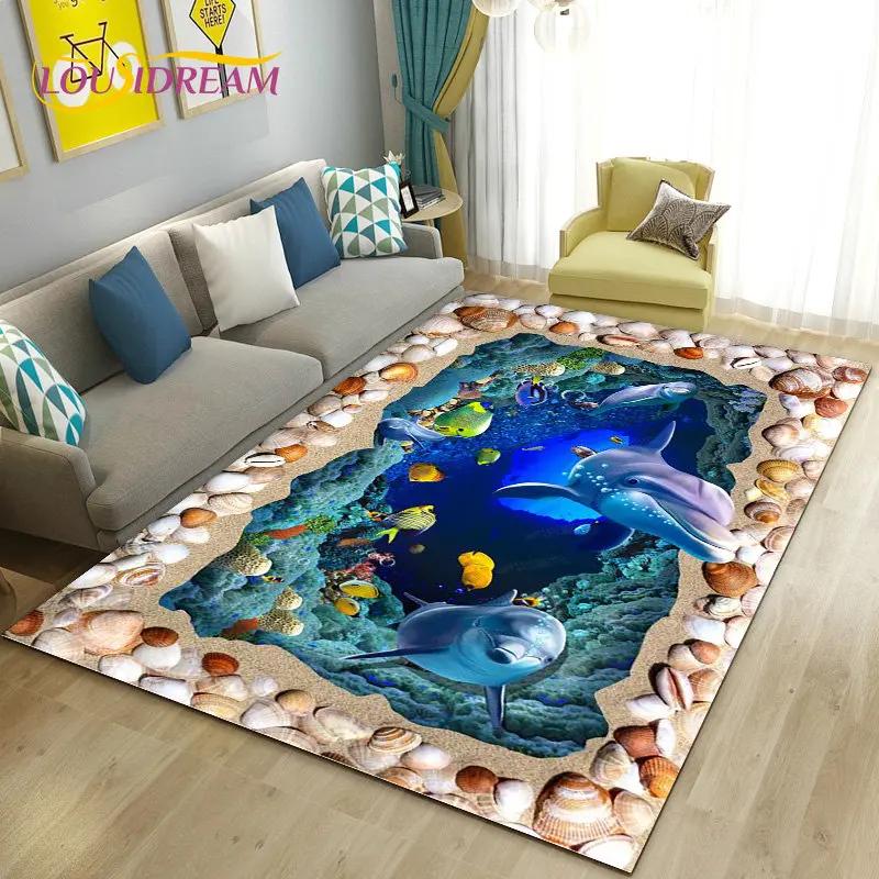 Seabed Illusion Underwater World  Dolphin Shark  Area Rug ,Carpet Rug for Living Room Bedroom Sofa Doormat Non-slip Floor Mat