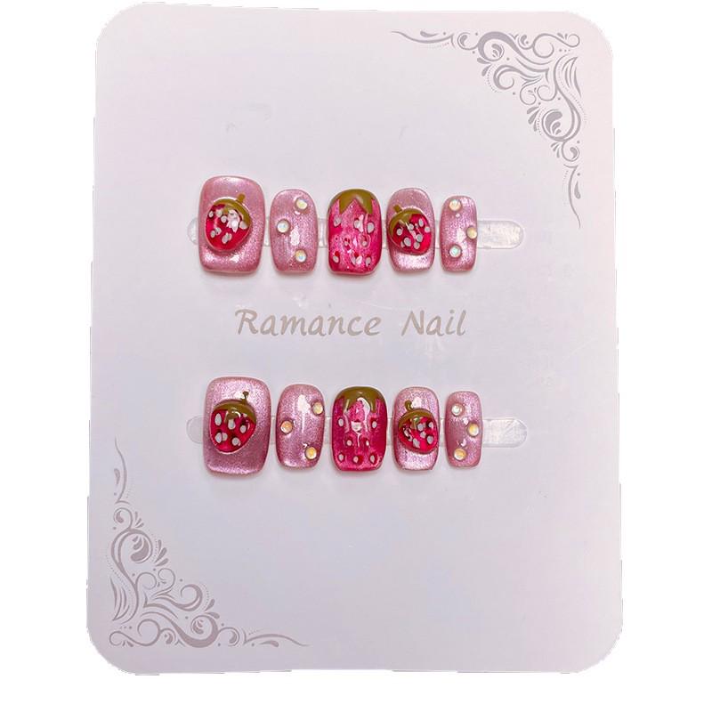 3D Strawberry Cat Eye Short Nails [Strawberry Smoothie] - Handmade Wearable Nail Pieces for Manicure
