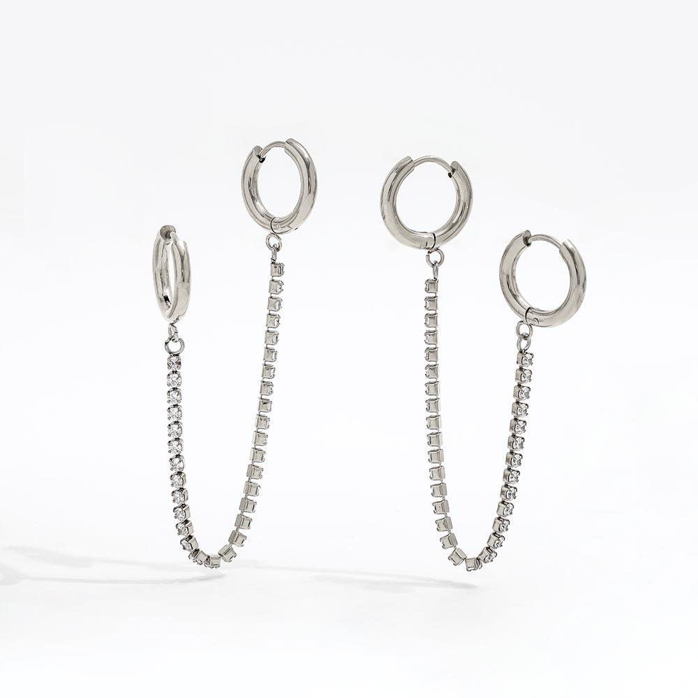Fenny No Fade 18K Gold-plated Zirconia Pave Chain Tassel Double Ciecle Huggie Earring Stainless Steel Ladies Jewelry