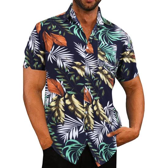 Men Shirt Lapel Neck Short Sleeve Cardigan Loose Top Blouse Beach Casual Printed Shirt for Vacation