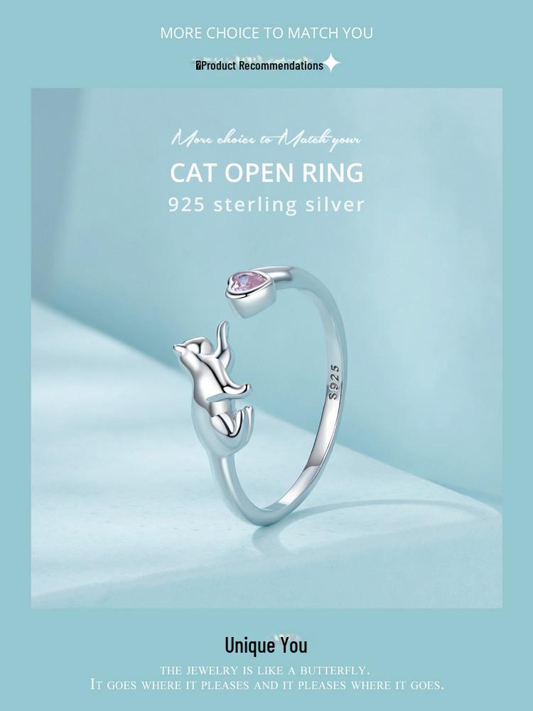 Adjustable Platinum-Plated S925 Sterling Silver Naughty Cat Ring