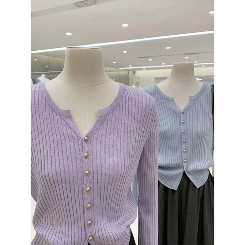 

Gentle wind temperament sweater women s spring and autumn new solid color V-neck bottoming knitted sweater cardigan jacket women One size фиолетовый
