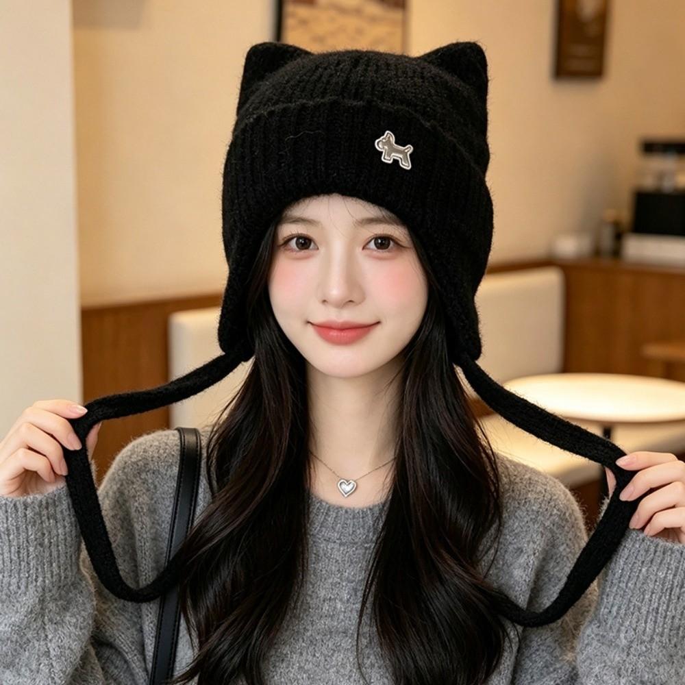 Chin Strap Cat Ear Knitted Hat 55cm To 60cm Circumference Earflap Hat  Snow Weather