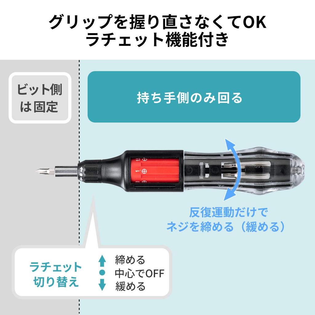 Sanwa Direct Screwdriver Set with Rotating Bit and Ratchet Function 11-in-1 Changer, Built-in Bits, (800-TK042)
