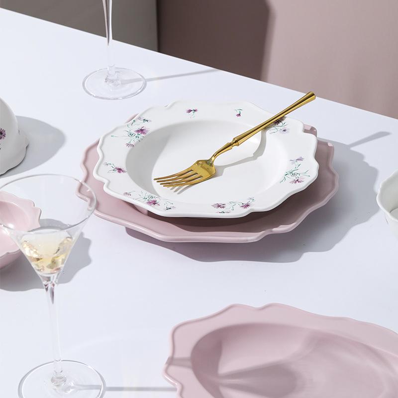Veselă Ceramică Roz Inimă de Fată Farfurii Mici Florale Farfurii Bol Lingură Combinație Casnică Valoare Ridicată Bol de Orez Farfurie pentru Friptură