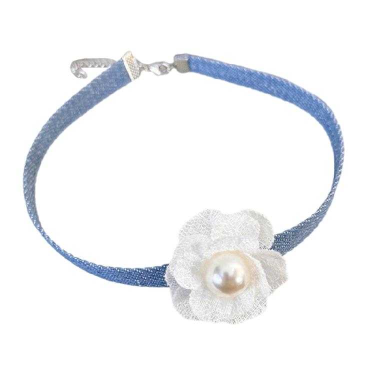 Collier Choker Fleur en Tissu Denim pour Femmes Chaîne à Maillons Bijoux de Cou Clavicule
