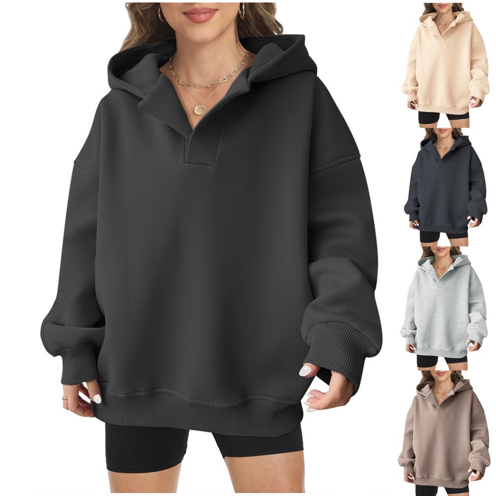 Real shot American women's fleece hooded sweater long sleeve solid color top loose women