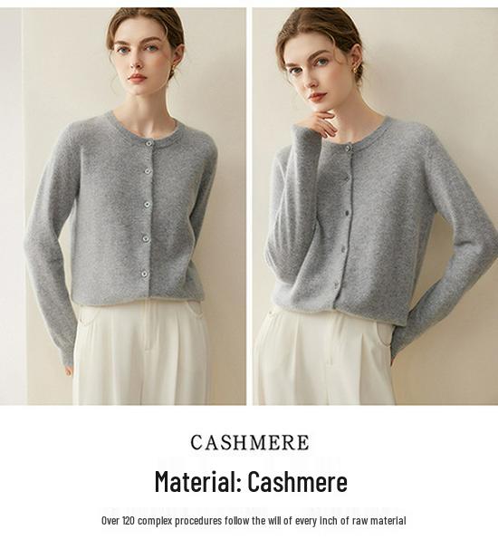 Women's Cashmere Round Neck Cardigan - Soft, Warm, Loose Fit Sweater for Autumn & Winter