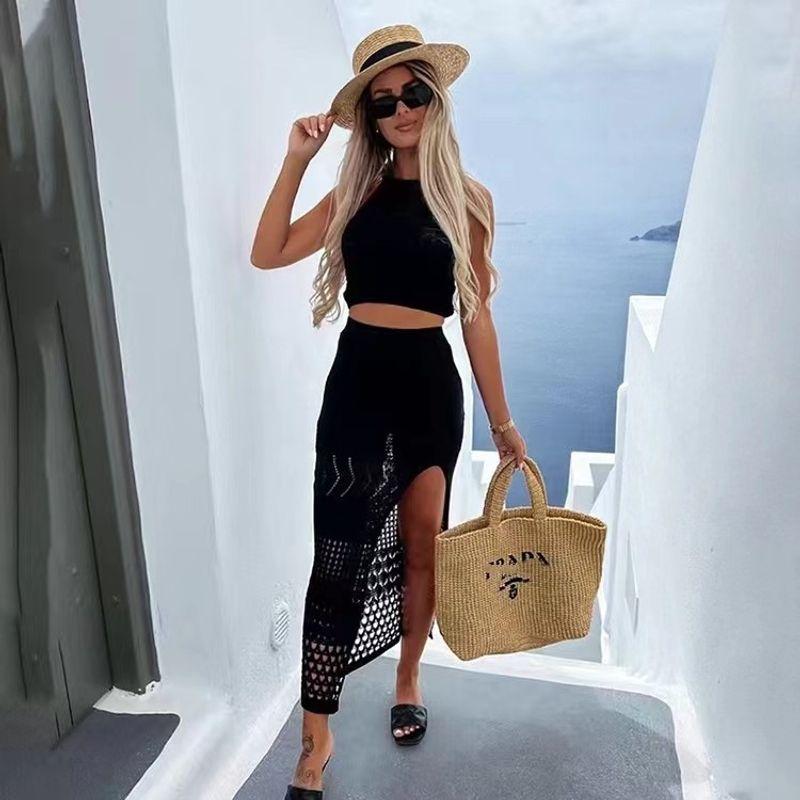 

European and American Sexy Knitted Top Skirt Beach Vacation Set Knitted Top and Skirt Set Black S