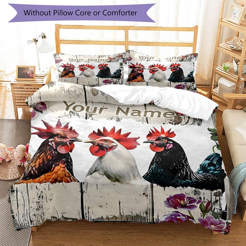 3PC Custom Name Rustic Farmhouse Chickens Bedding Set Duvet Cover Closure Includes 1 Duvet Cover & 2 Pillowcases for Bedroom
