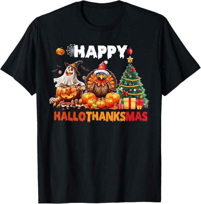 

Retro Halloween Thanksgiving Christmas Happy HalloThanksMas T-Shirt XL