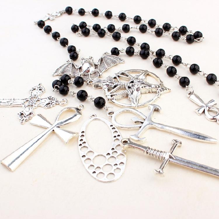 Gothic Punk Cool Rosary Beaded Necklace Ankh Cross Black Beads Bat Necklace
