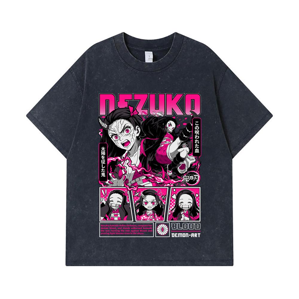 275 GSM Washed T-shirts 100% Cotton Demon Slayer V56 Nezuko Print Unisex Heavy Cotton T Shirt