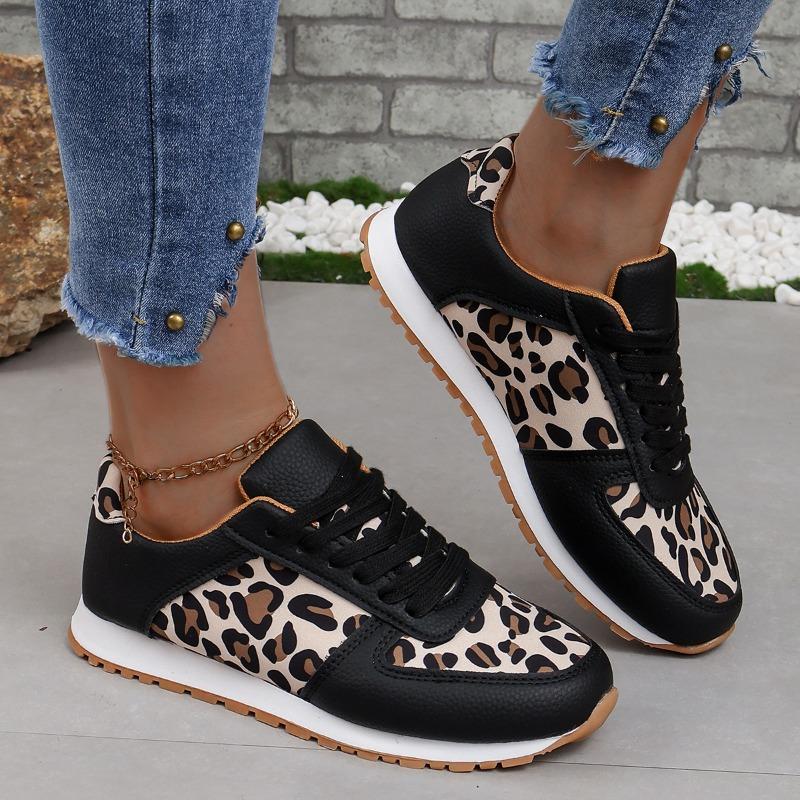New thick-soled low-top lace-up leopard print sneakers women's large-size splicing casual shoes