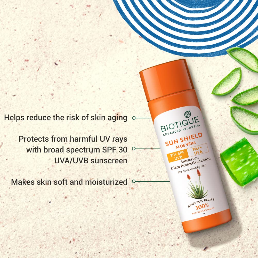 Biotique SPF 30 Sun Shield Aloe Vera Sunscreen Lotion For Normal To Oily Skin, Broad Spectrum UVB Protection, 120ml, Pack Of 1