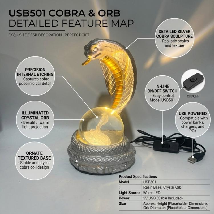 Cabinet Display Snake Figure Lamp with Globe Light Center, USB Cable, and Button Control for Desk or Shelf Use