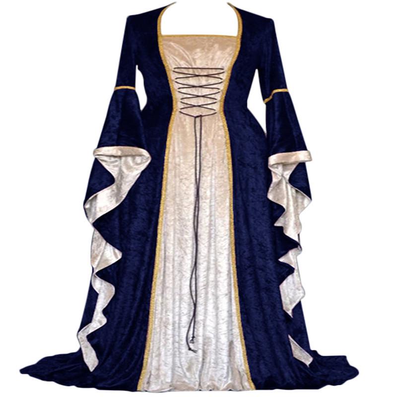 Vintage Gold Velvet Lace-Up Flared Sleeve Medieval Floor-Length Dress for Women