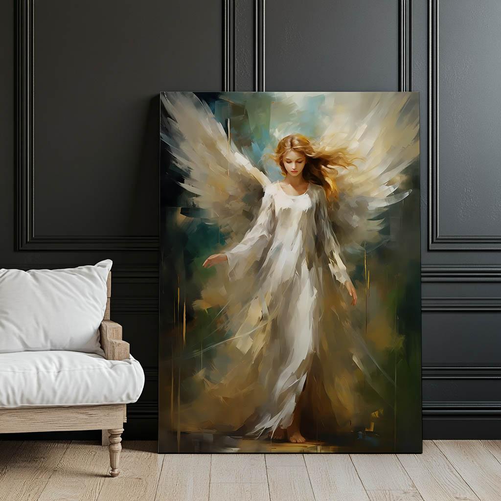 Anioł Stróż W Szmaragdowej Przestrzeni Anioł Stróż W Szmaragdowej Przestrzeni, 40X50 Cm, Rama Aluminiowa Złota, Papier Matowy 230 Gsm