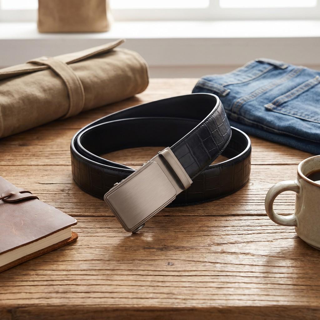 Men s Crocodile Pattern Cowhide Automatic Buckle Belt – Versatile for Casual and Middle-Aged Wear 120 cm