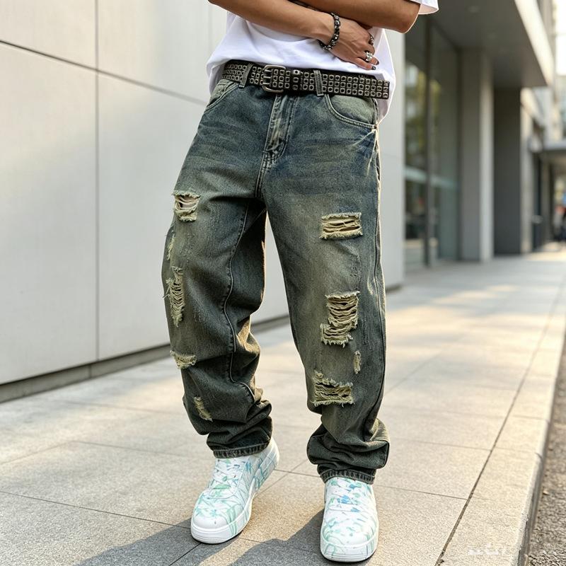European and American Men's Jeans New Trendy High Street Ripped Old Non-elastic Loose Straight Trousers