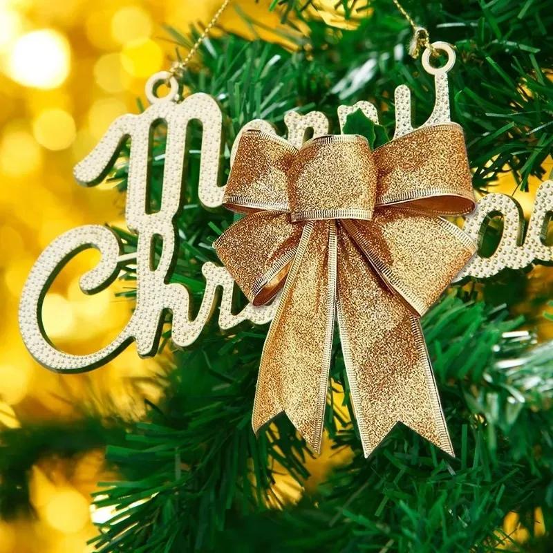 12/1pcs Glitter Bow Gold Red Xmas Tree Ribbon Bowknot Hanging Pendant Ornaments for Christmas New Year Party Home Decor Gifts