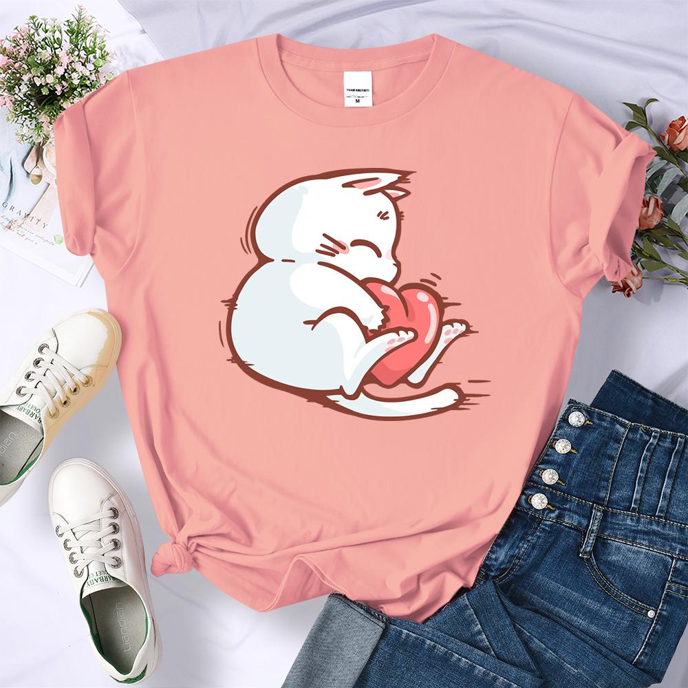 Embrace The Red Heart White Cat Summer 3D Printing Women T-Shirt Hip Hop Soft T Shirts All-Match Y2K Clothing O-Neck Casual Streetwear