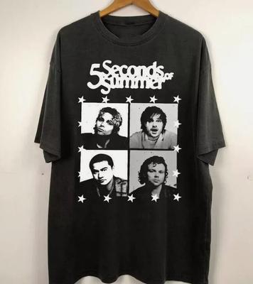 Camiseta de Algodón Negra Unisex Talla Única para Hombre de la Banda Vtg 5 Seconds Of Summer