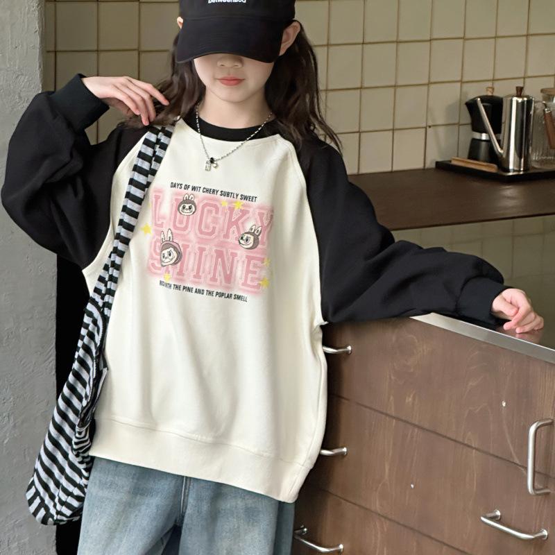 

Korean Style Color Block Sweatshirt for Girls - Autumn/Winter 2025, Letter Print, Casual Round Neck Top for Middle and Big Kids 120cm