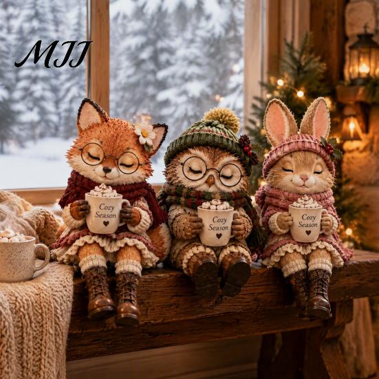 Soft Aesthetic Room Ornaments Christmas Animal Shelf Sitter Figurine, Woodland Statue with Mug, Dangling Leg Detailed Texture Figurines Mantel Decor,