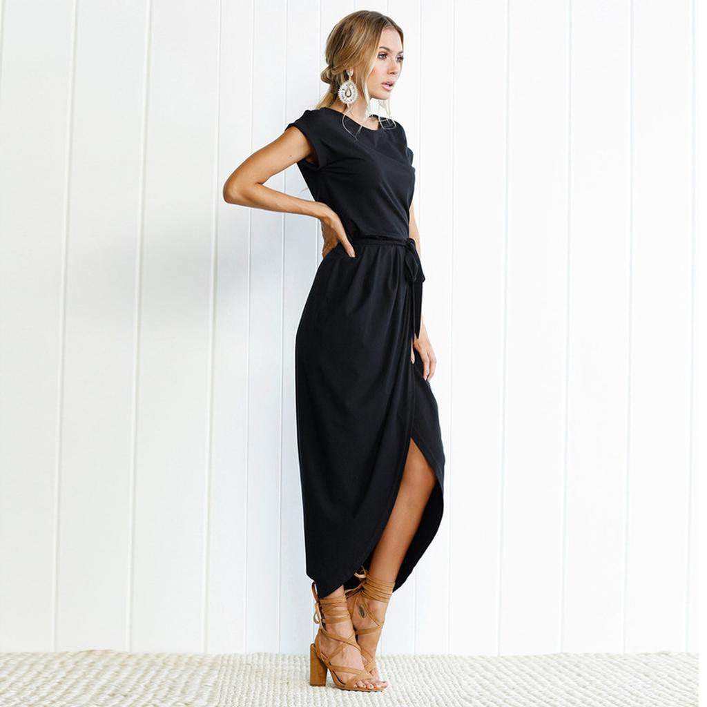 Fashionable Women'scolor Short-sleeved Round Neck Irregular Dress With Rolled-up Sleeves