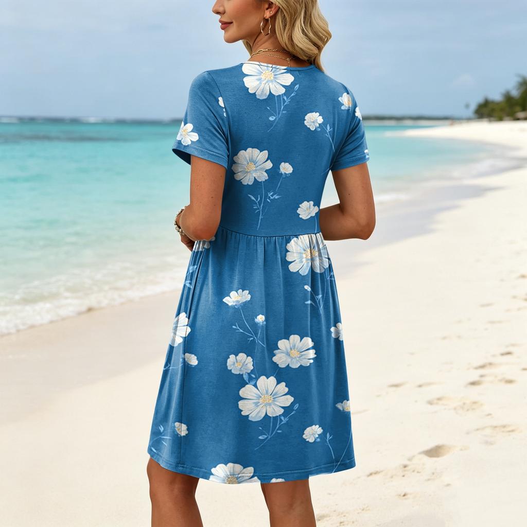 Women Short Sleeve Floral Print Dress Casual Round Neck Waist Tie Pocket Summer Loose Fit Mini Dress
