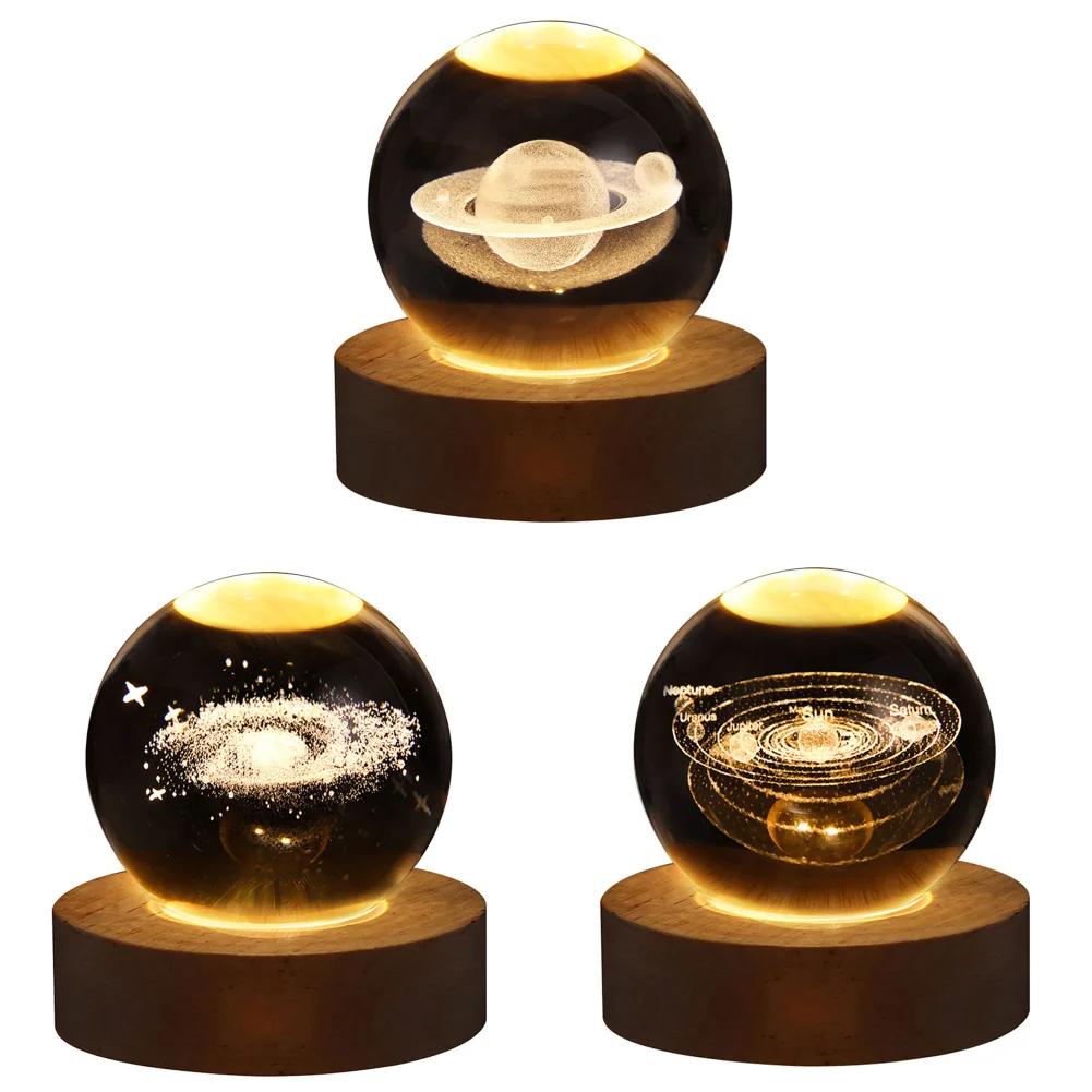 LED Crystal Ball Lamp Milky Way System Crystal Ball Glowing Solar System Crystal Ball with Wooden Base Glass Planet Nightlight